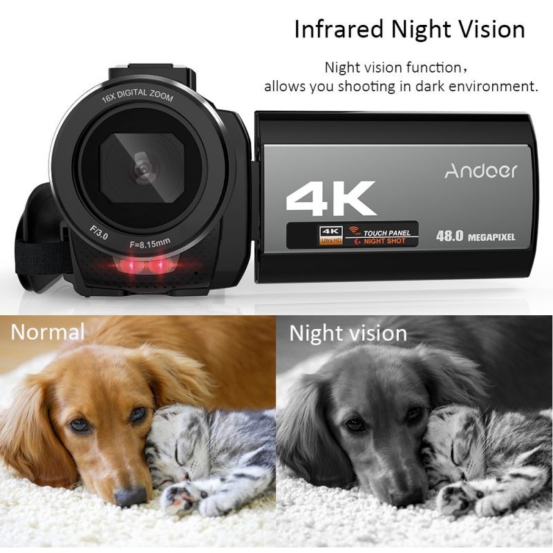Andoer 4K 48MP WiFi Digital Video Camera+External Microphone+0.39x Wide Angle Lens+Mini LED Video Light+2pcs Battery+Camera Bag