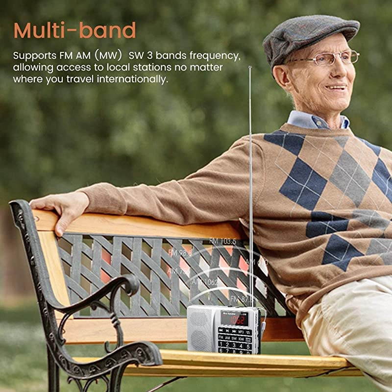 Small Portable Radio AM FM SW Digital Rechargeable Radio with Neodymium Speaker, Large Buttons, Support USB SD TF Card MP3 Player(Gold)