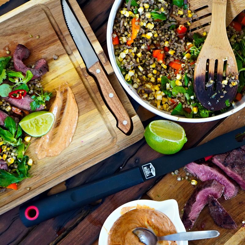 Yukon Glory Premium 100% Acacia Steak Board Set with Juice Groove, Steak Knife, and Condiment Cups