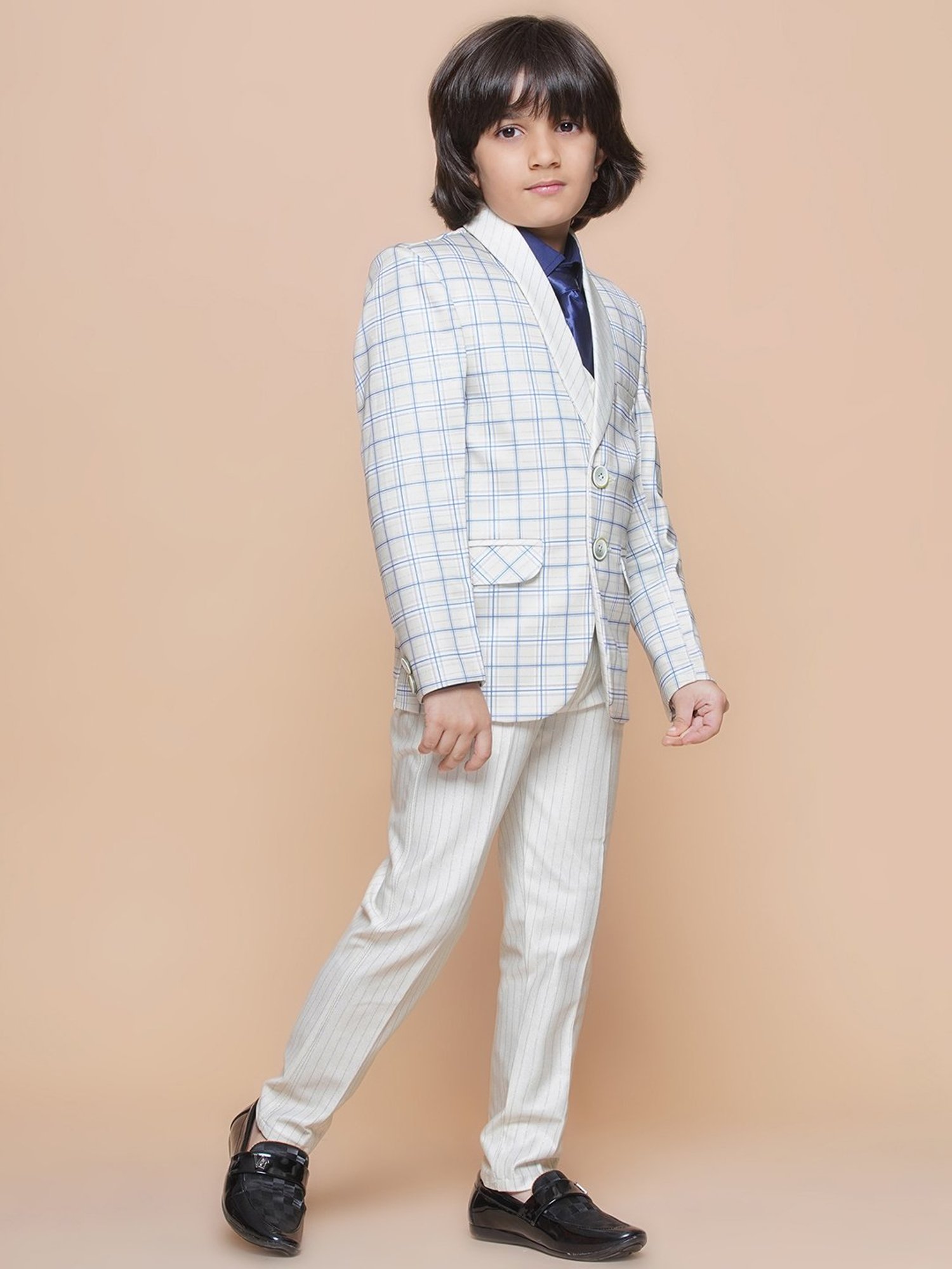 AJ Dezines Kids Sky Blue & Black Solid Full Sleeves Shirt, Pants, Coat, Waistcoat with Tie