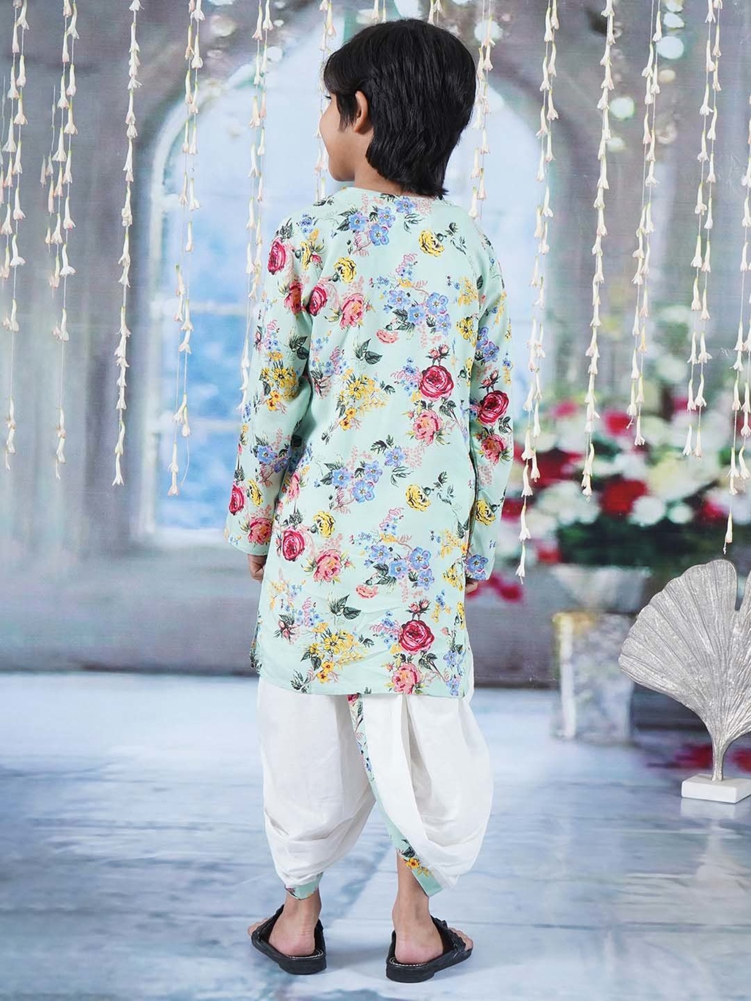 Little Bansi Green & White Cotton Floral Print Full Sleeves Kurta Set