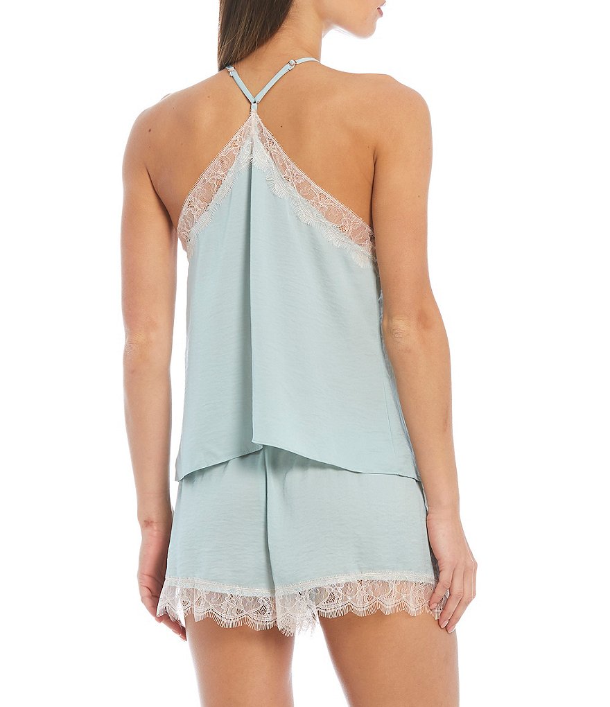 Midnight Bakery Solid Hammered Lace Trim Satin Shorty Coordinating Pajama Set