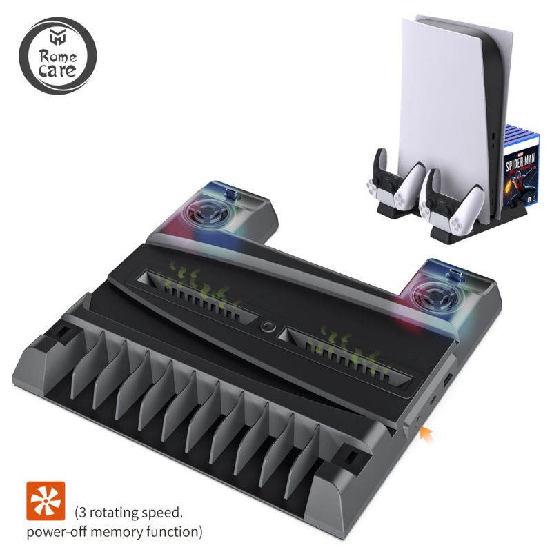 PS5/PS5 Digital Edition Stand with Suction Cooling Fan of 3-speed control and Dual Controller wireless Charger Station Suction Cooling Fan with wireless Charging Dock Station and 11 Game Slots-White