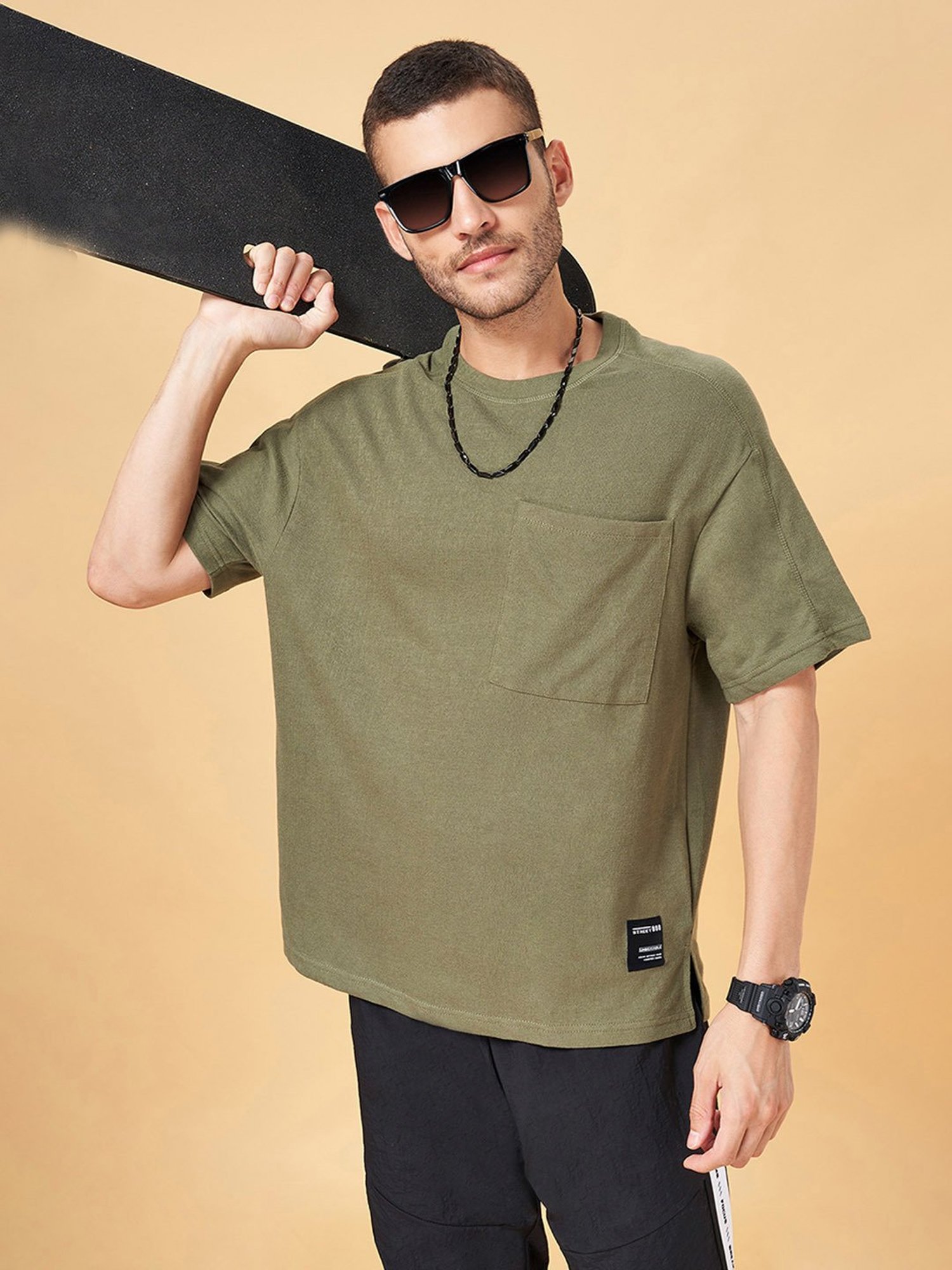 Street 808 by Pantaloons Green Cotton Boxy Fit T-Shirt