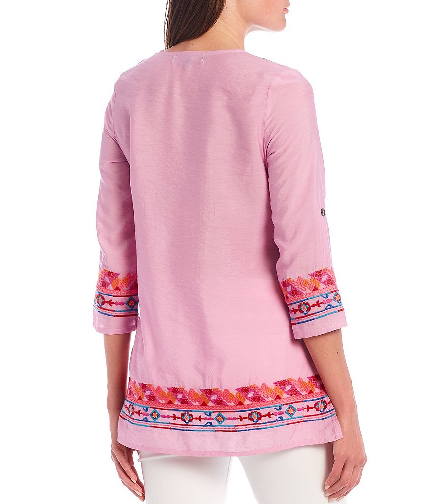 Calessa Border Floral Embroidery V-Neck Tunic