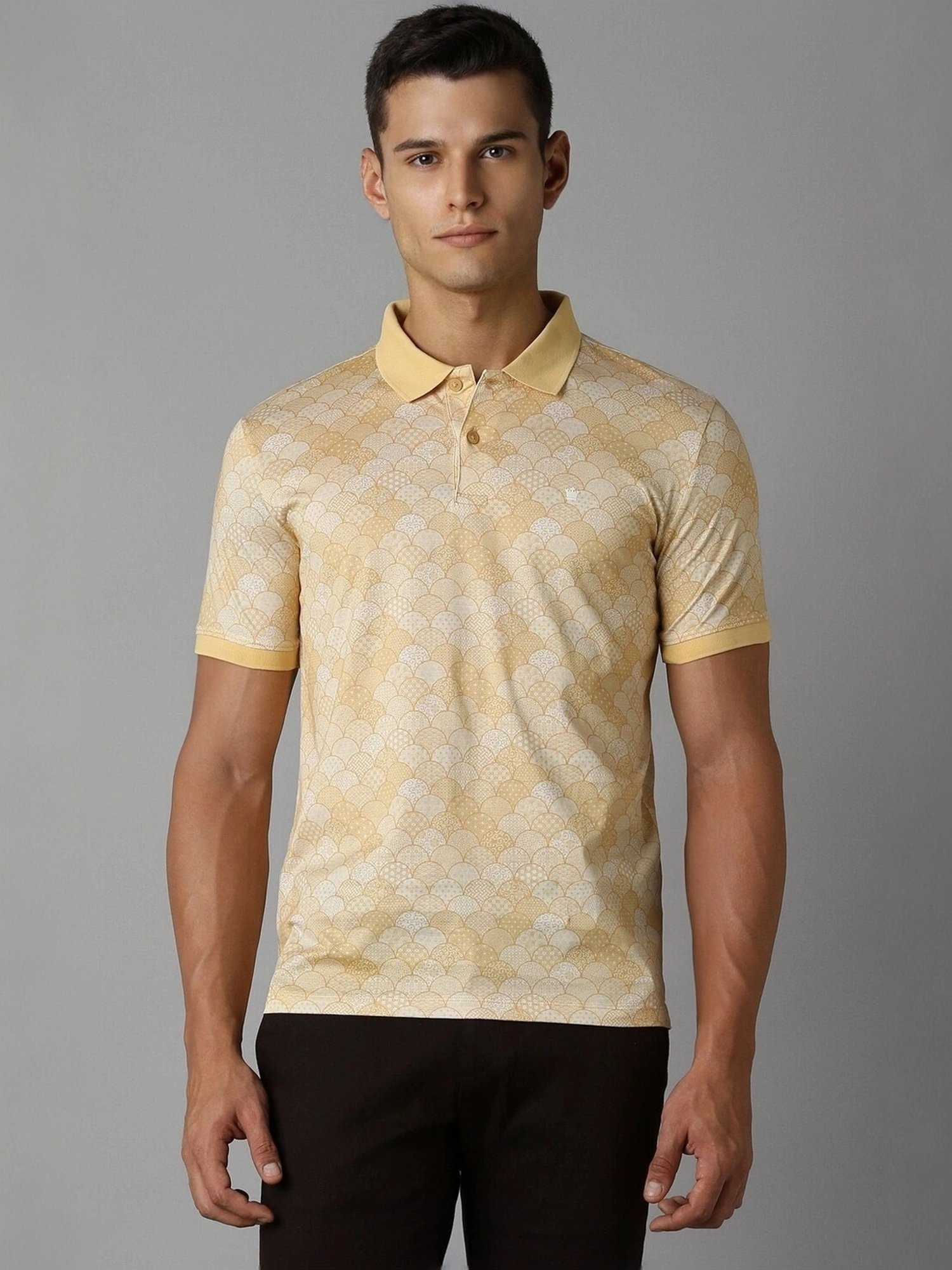Louis Philippe Yellow Cotton Regular Fit Printed Polo T-Shirt