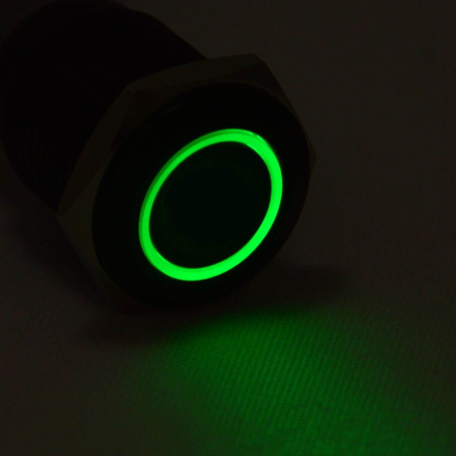 16mm Stainless Steel Latching Push Button Switch (Black with Green LED)