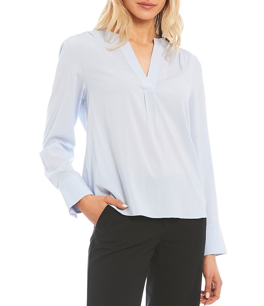 Calvin Klein Petite Size Solid Crepe de Chine Split V-Neck Long Sleeve Blouse