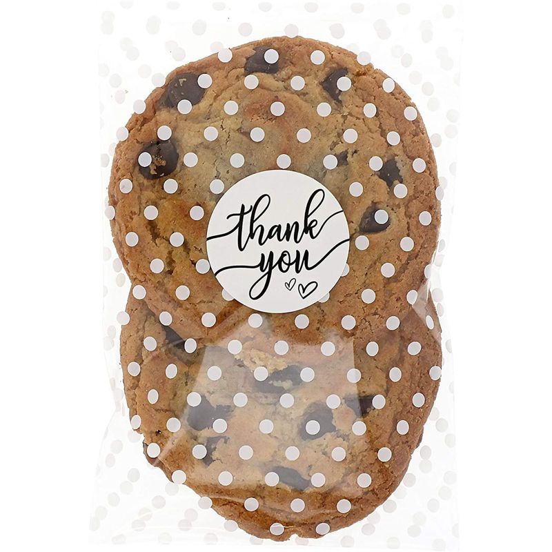 Sparkle and Bash 250 Pack White Polka Dot Cellophane Cookie Bags, Treat Bags with Thank You Stickers, 4 x 6 in