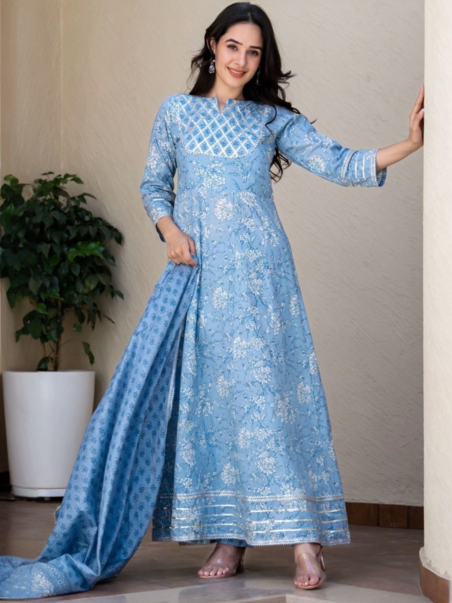 HOUSE OF JAMOTI Grey Cotton Printed A Line Kurta With Dupatta