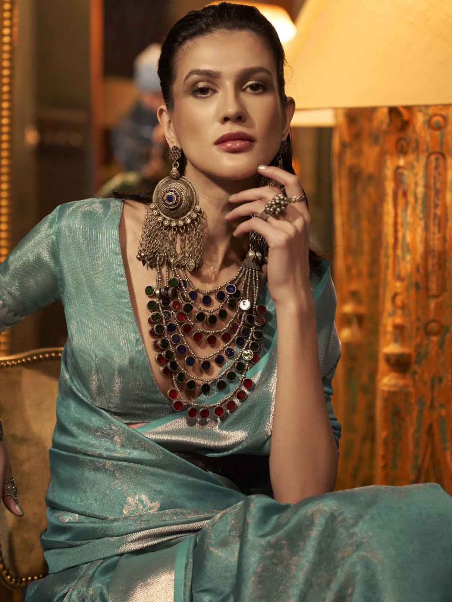 Elora Green Woven Saree With Unstitched Blouse