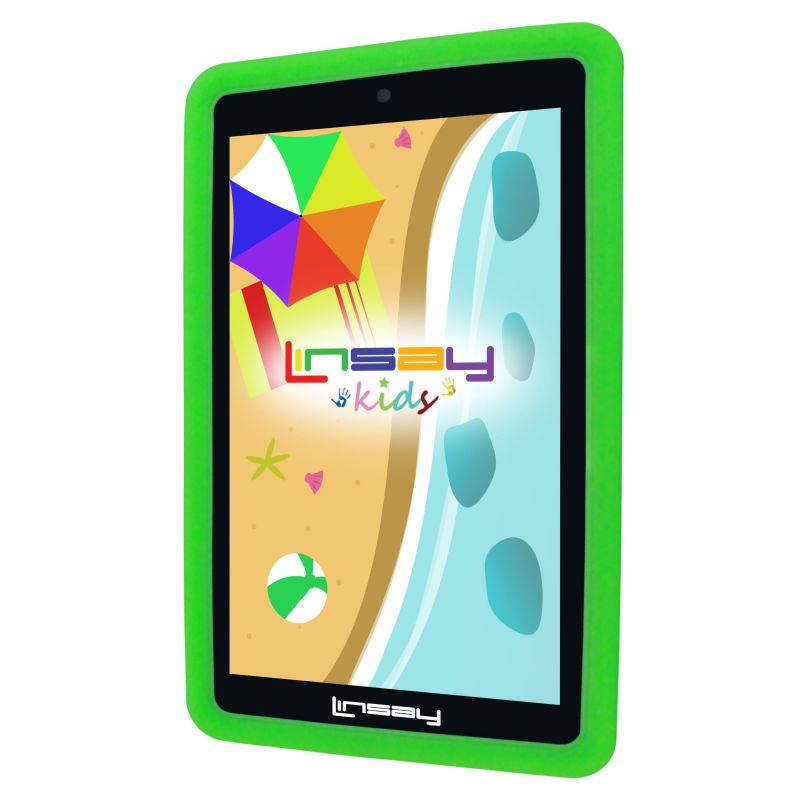 LINSAY&reg; 7" Kids Funny Tablet Quad Core 2 GB Ram 16 GB Storage Android 10 Bundle with Green Kids Defender Case