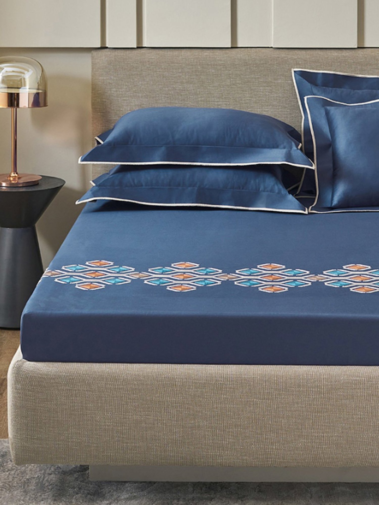 DDECOR Live beautiful Embroidery Navy Blue 210 TC Cotton King Bedsheet with 2 Pillow Covers