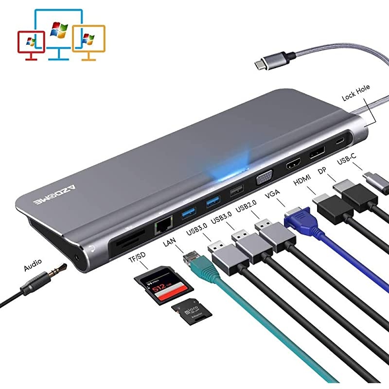 Triple Display Docking Station for Windows, 12 in 1 USB C Hub with 4K HDMI DP,VGA, 100W PD, 2 USB3.0/1 USB2.0,SD/TF Reader,Ethernet RJ45,3.5mm Audio,macOS only Support Mirror Display