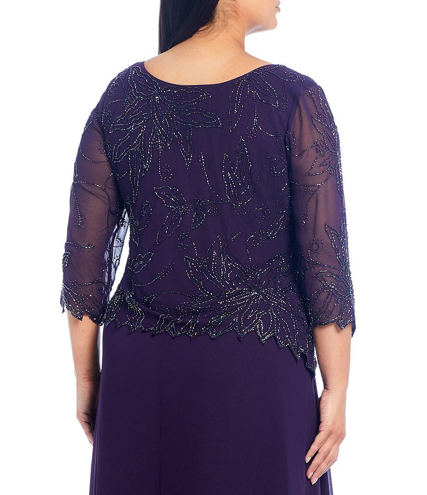 Jkara Plus Size Scoop Neck 3/4 Sleeve Beaded Bodice Gown