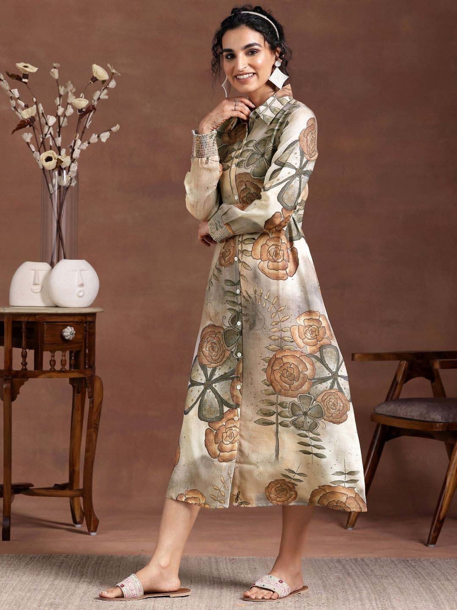 Libas Beige Linen Printed A-Line Dress