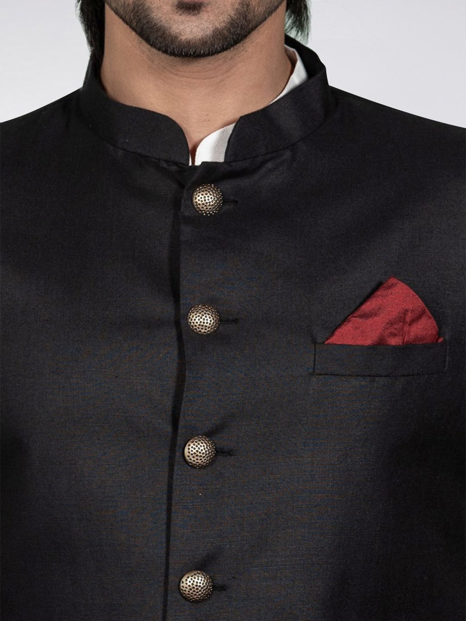 KISAH Black & White Cotton Regular Fit Sherwani Set