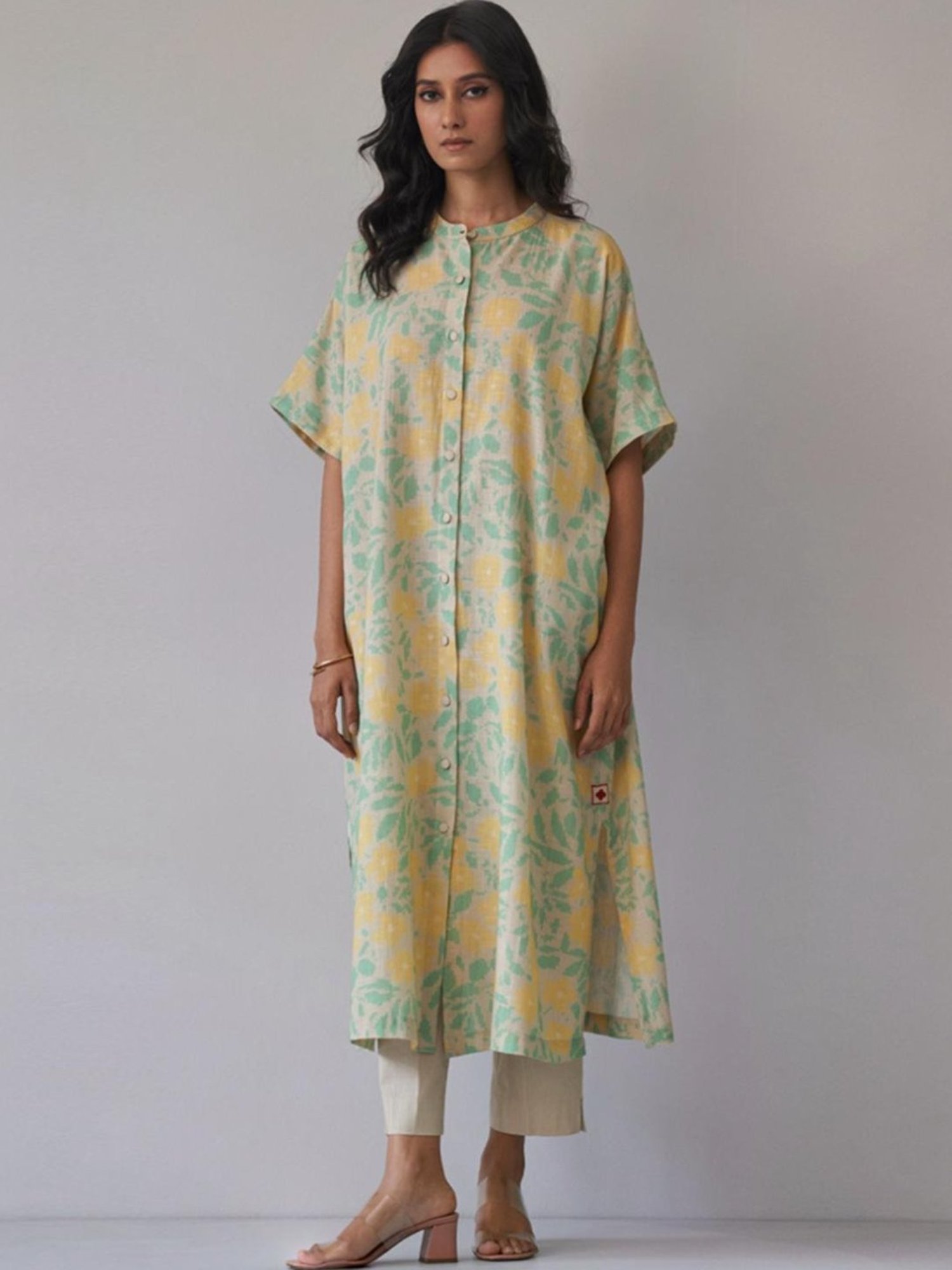 Ganga Fashions Almond Milk & Green Cotton Linen Kurta with Pant Co-ord Set