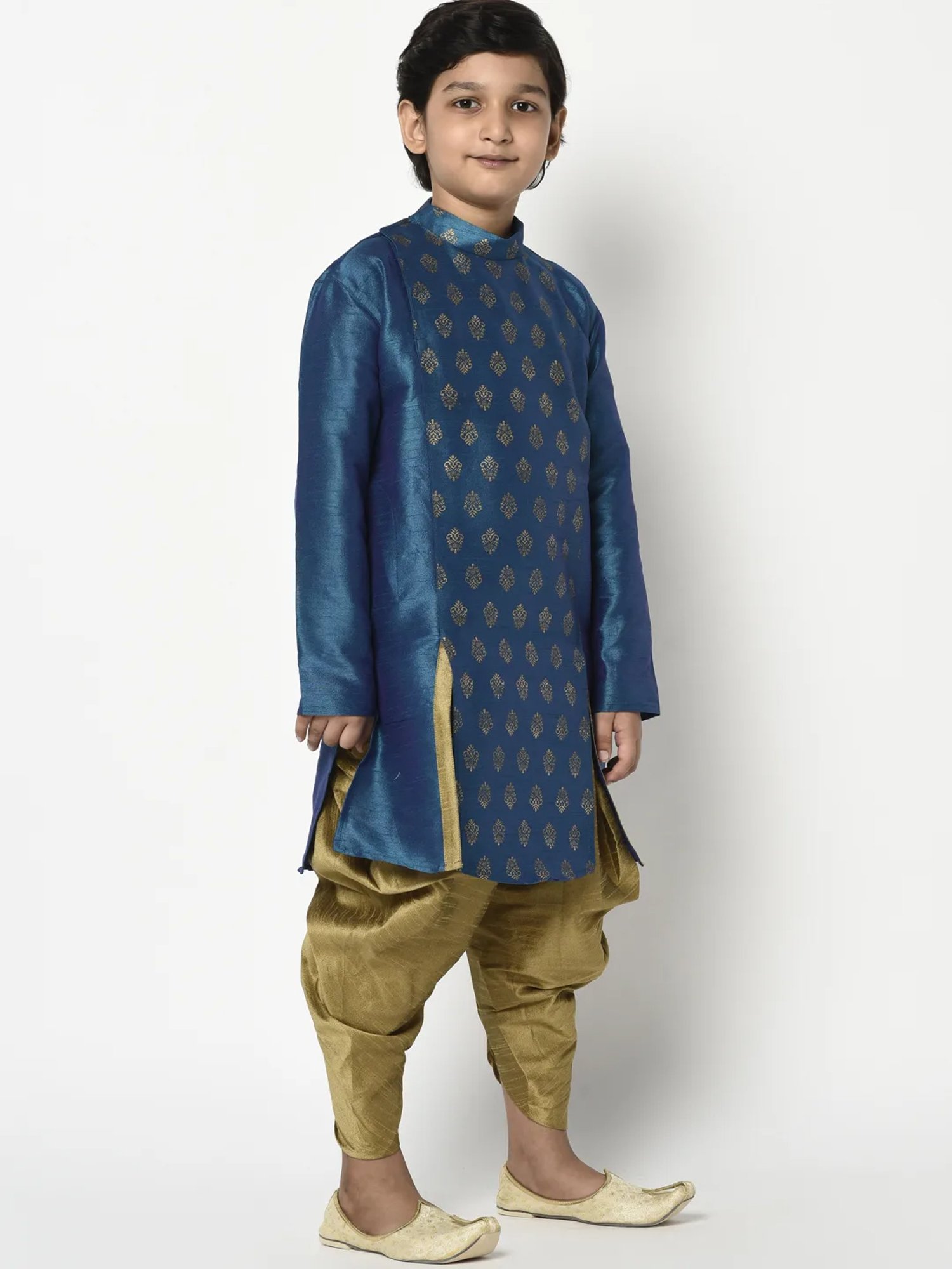 Deyann Kids Blue & Gold Self Design Full Sleeves Kurta with Dhoti