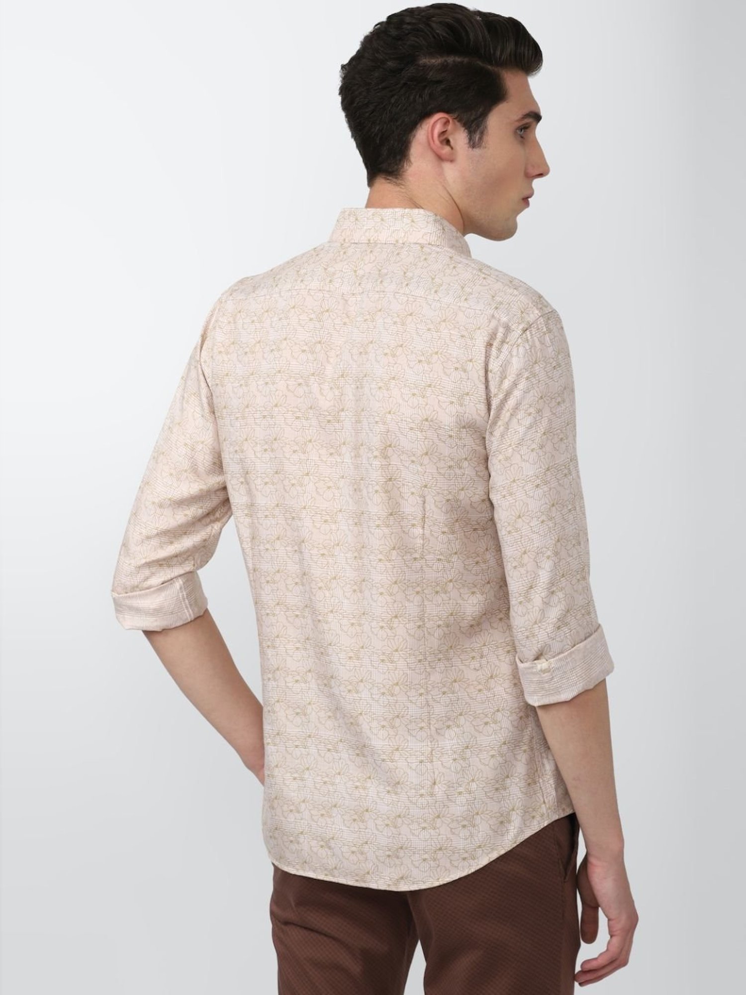 V Dot Beige Slim Fit Printed Shirt
