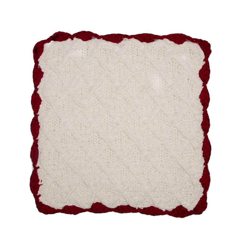 18" Knitted Polyester Pillow Cover with Red Trim & PomPom White - Glitzhome