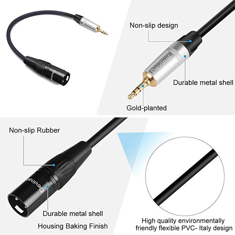 Unbalanced 1/8 inch to XLR Cable, Mini Jack TRS Stereo Male to XLR Male, 3.5mm to 3 Pin Male Interconnect Audio Cable 1 Feet
