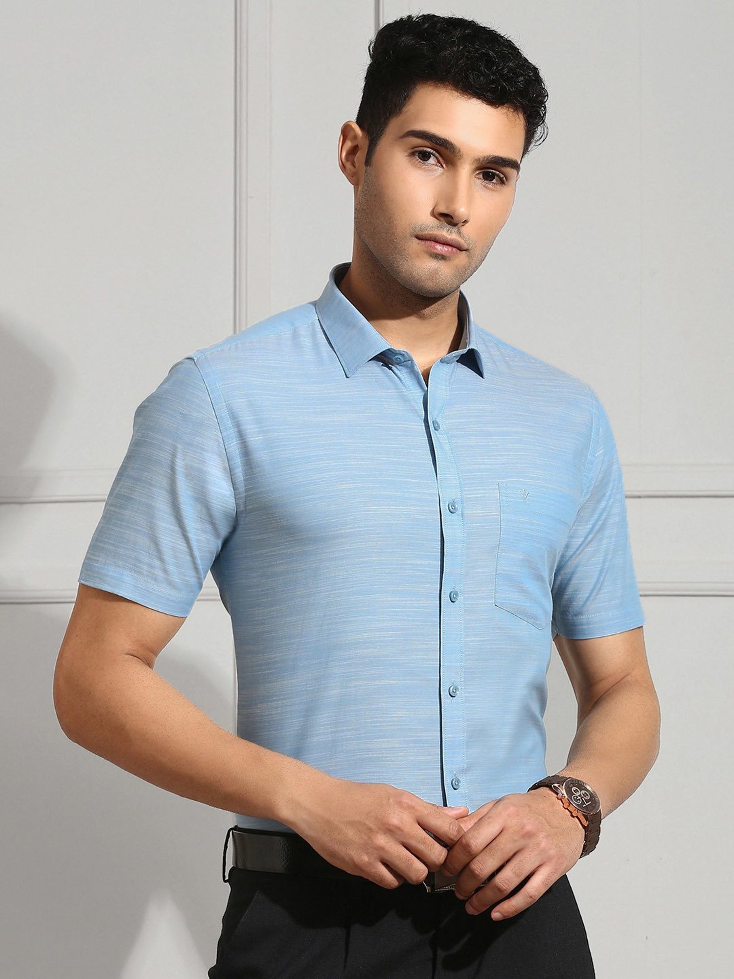 Ramraj Sky Blue Regular Fit Textured Cotton Shirt