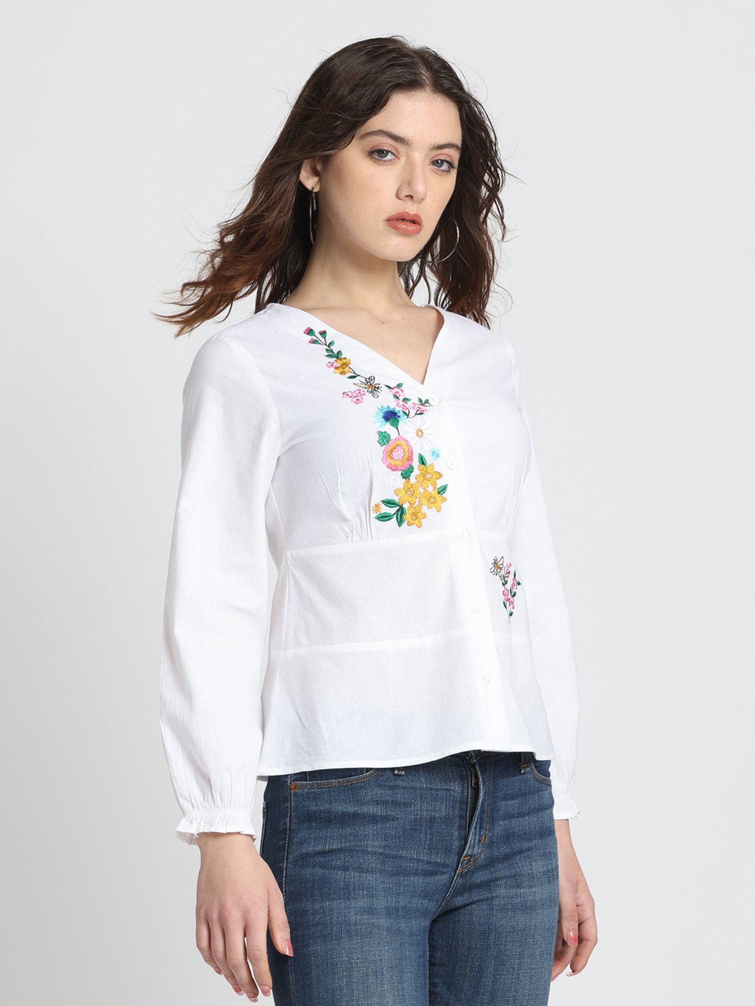 SHAYE White Cotton Embroidered Top