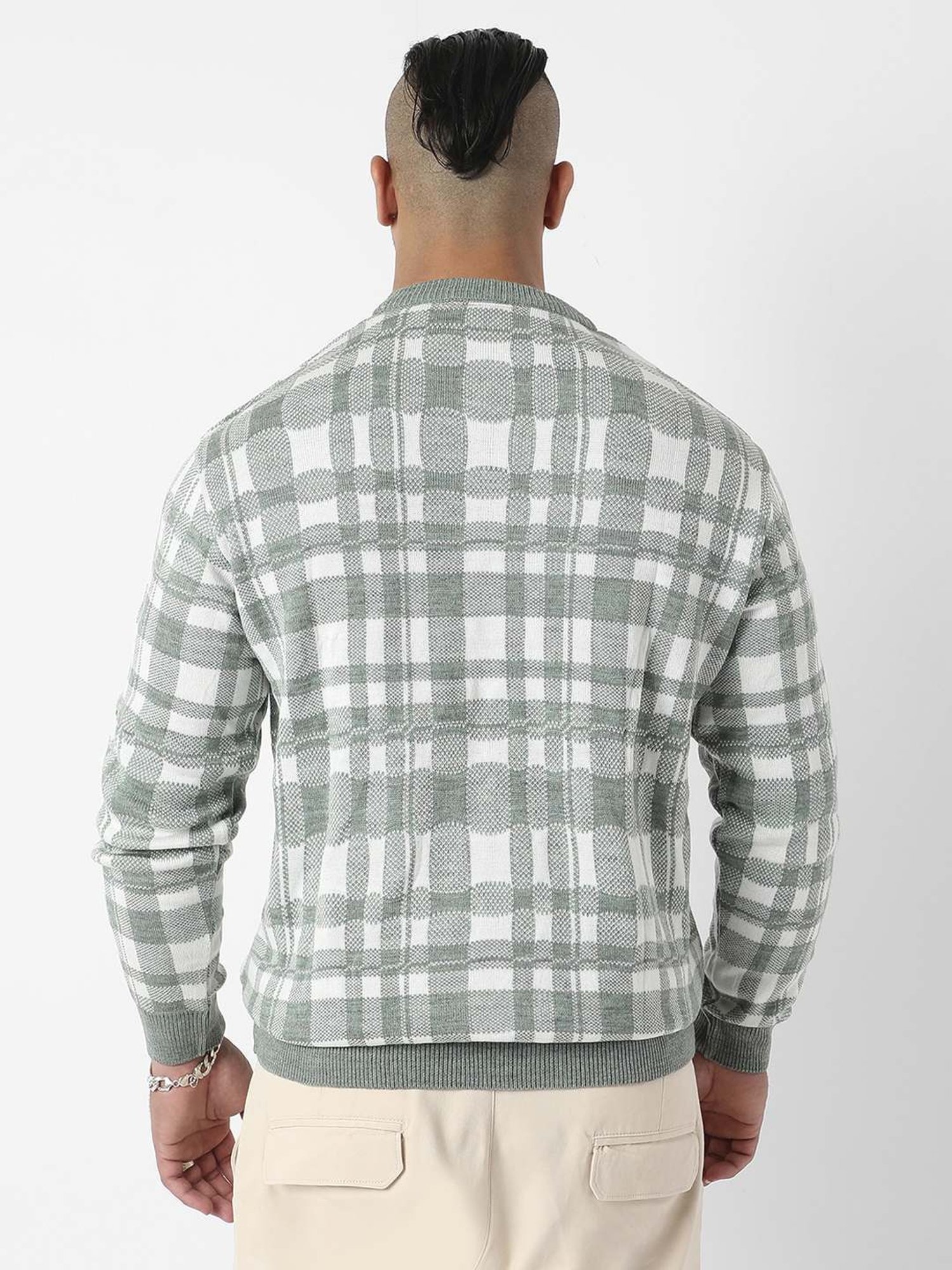 Instafab Plus Olive Green Regular Fit Checks Plus Size Sweater