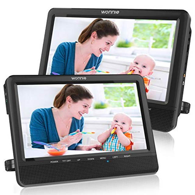 WONNIE 10'' Dual Car DVD Player Portable Headrest CD Players for Kids with 2 Mounting Brackets Built-in 5 Hours Rechargeable Battery Great for Family Travel ( 1 Player+1 Monitor )