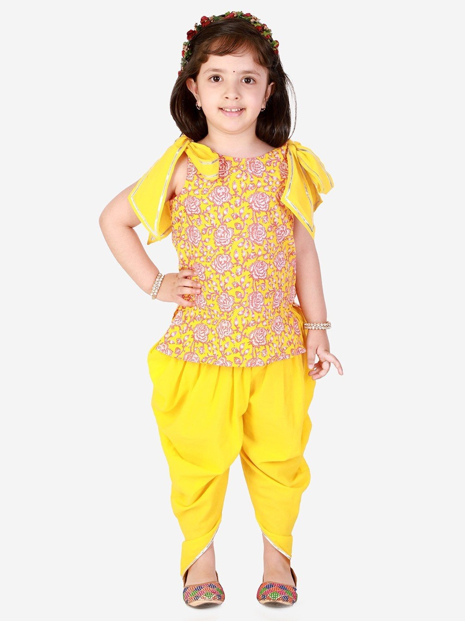 Lil Drama Kids Yellow & Pink Cotton Floral Print Kurta Set