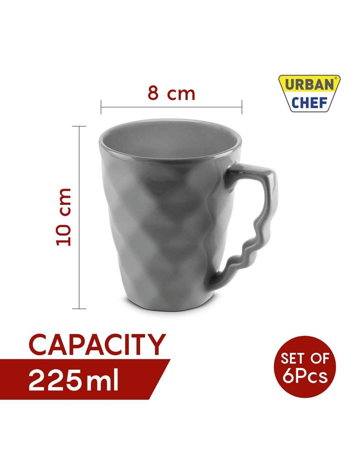 Urban Chef Grey & Blue Ceramic Microwave Safe Coffee Mug (0.225 L) - Set of 6