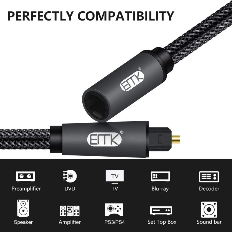 Optical Extension Cable Male to Female Coupler CableToslink Audio Cable Nylon Braided Jacket 24K Gold-Plated Fiber Digital Extension Adapter Cable for Home Theater Sound bar TV PS4 Xbox (3.3ft)