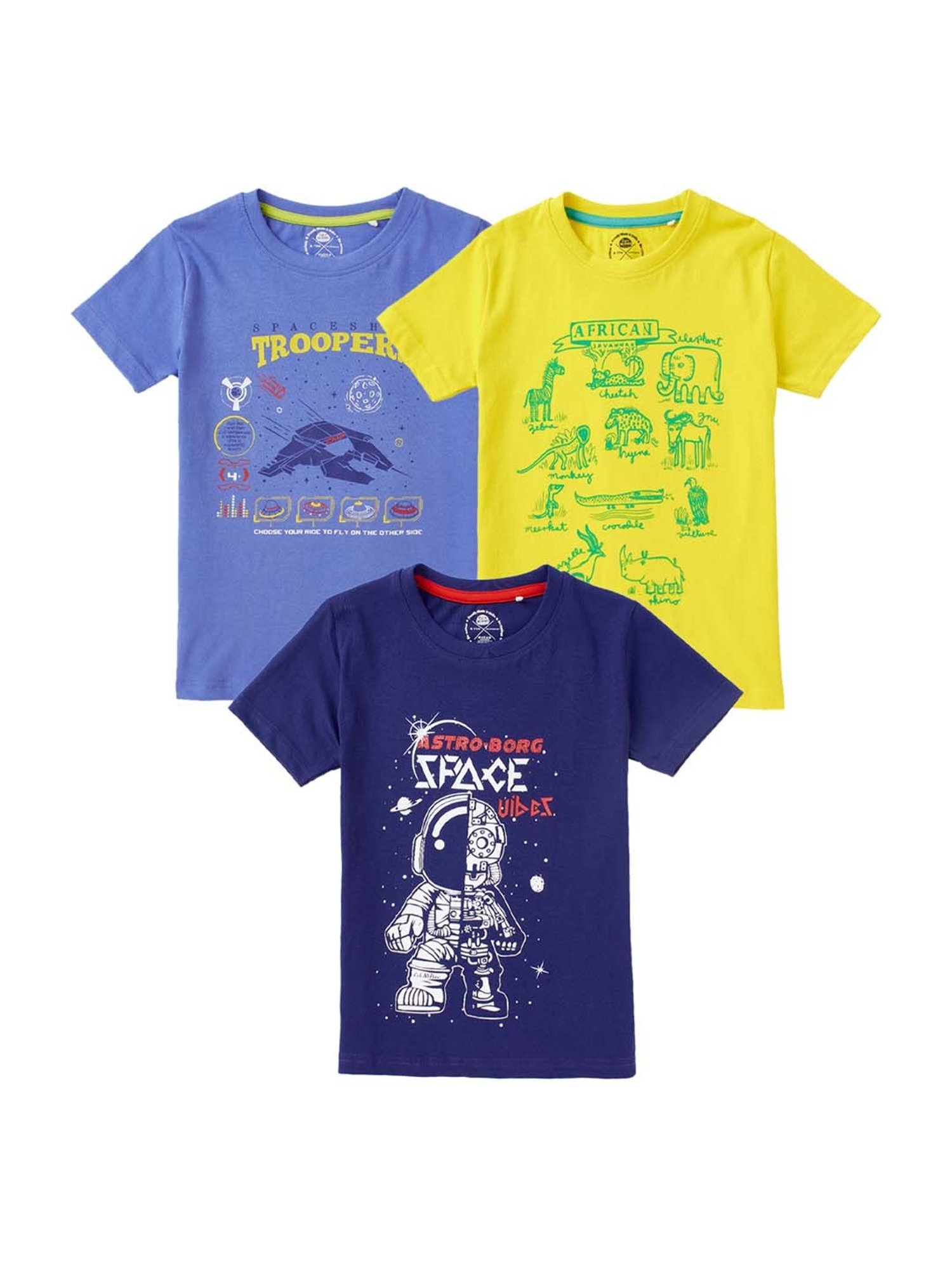 Cub McPaws Kids Multicolor Cotton Printed T-Shirt (Pack of 3)