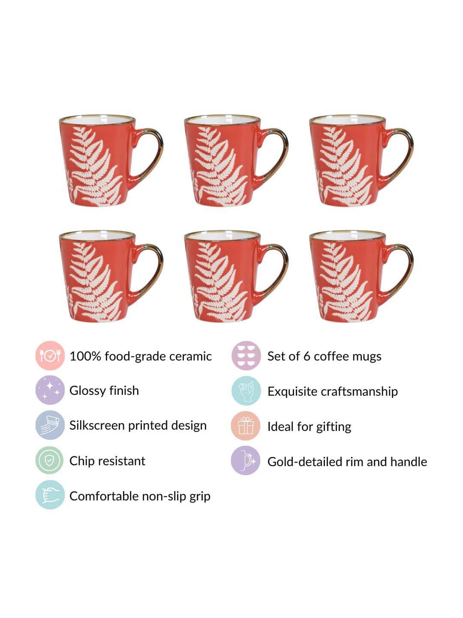 Nestasia Red Coffee Mugs With Golden Rim and Handle Set Of 6 200ml