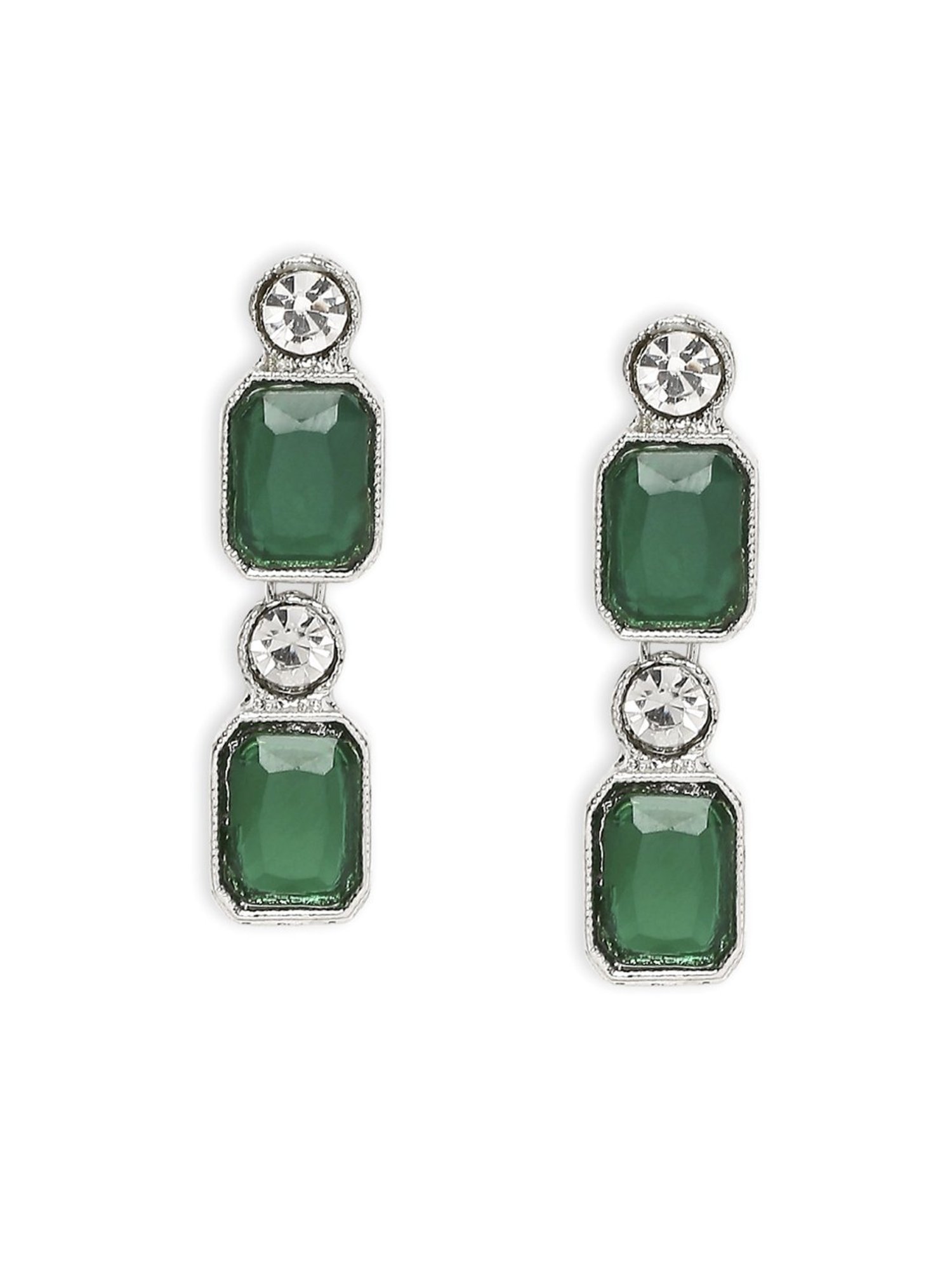 OOMPH Green Multi Layer American Diamond Necklace Set with Earrings