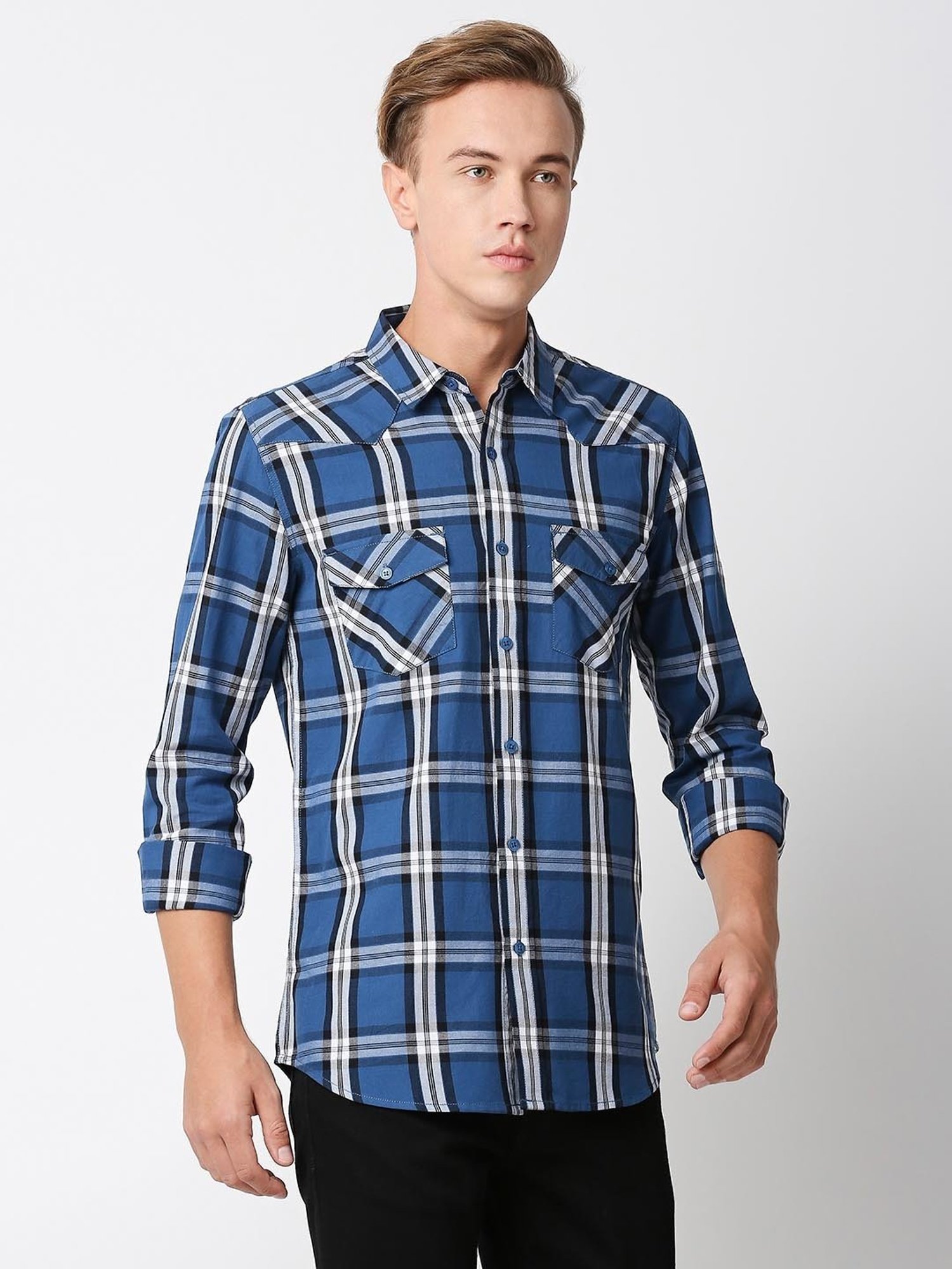 SOLEMIO Blue Slim Fit Check Cotton Shirt