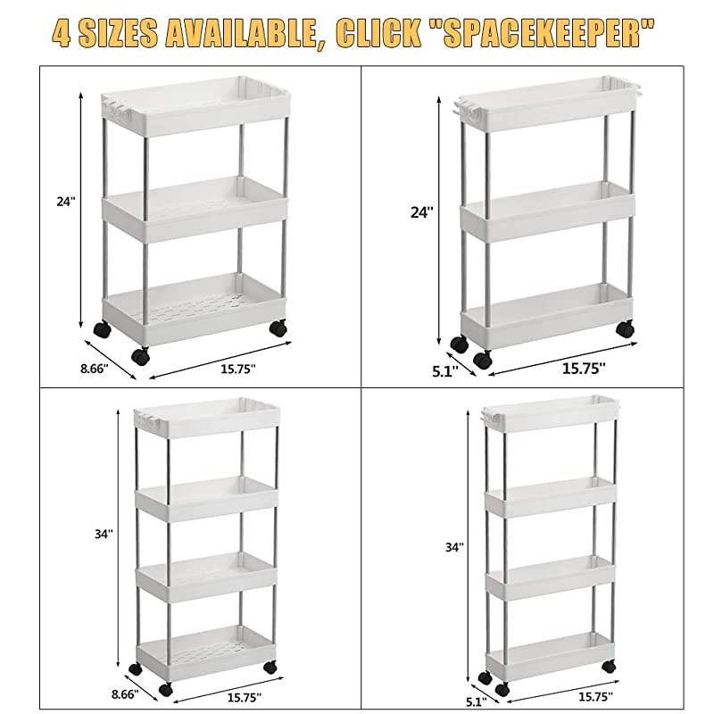 3 Tier Slim Storage Cart Mobile Shelving Unit Organizer Slide Out Storage Rolling Utility Cart Tower Rack for Kitchen Bathroom Laundry Narrow Places Plastic amp Stainless Steel White