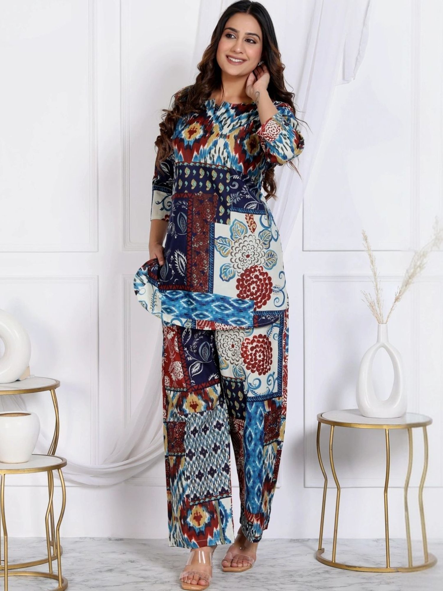 Kaftanize Blue Ikkat Patches Printed Ethnic Tunic with Pant