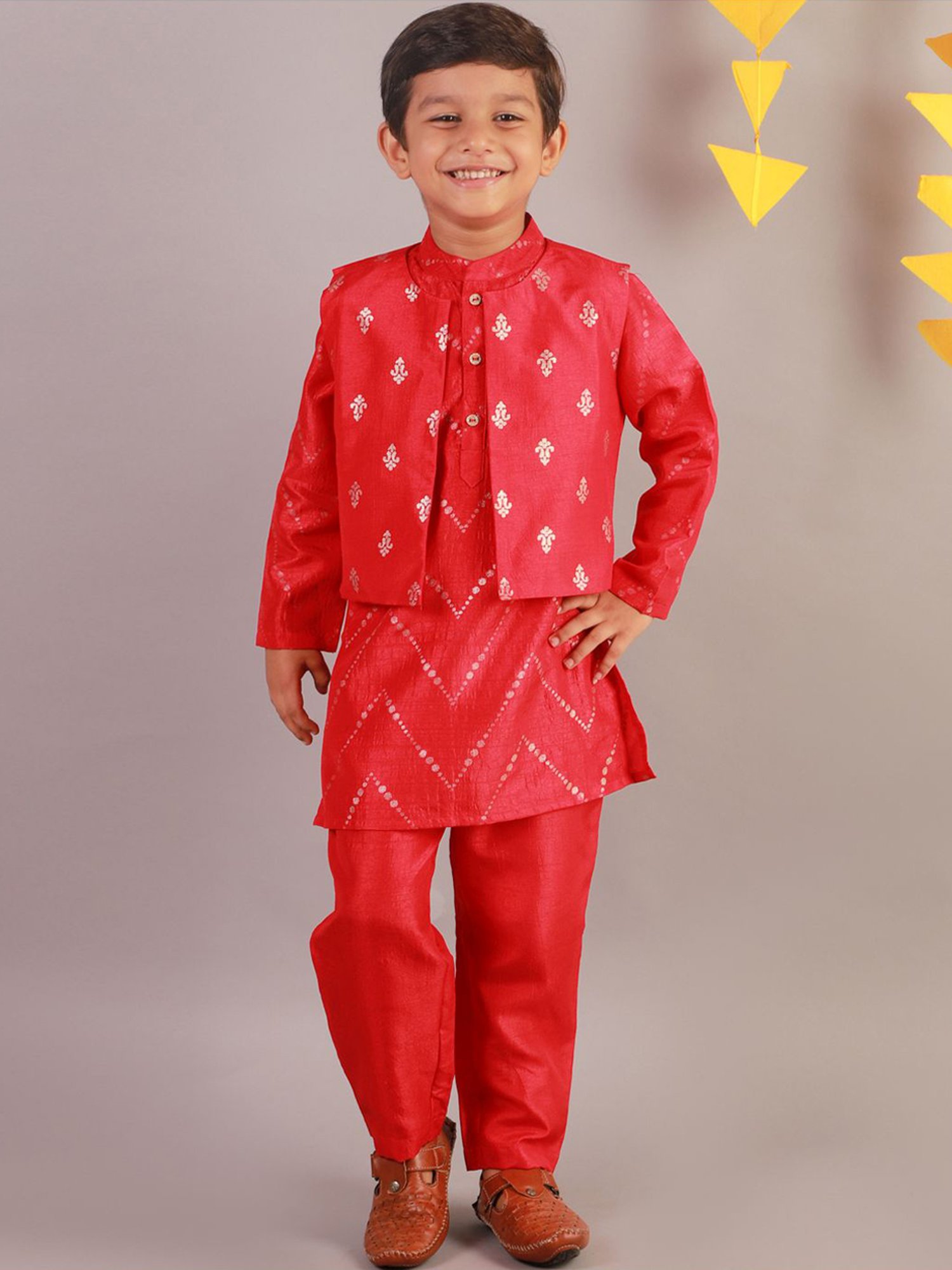 Lil Drama Kids Red Printed Full Sleeves Kurta Set