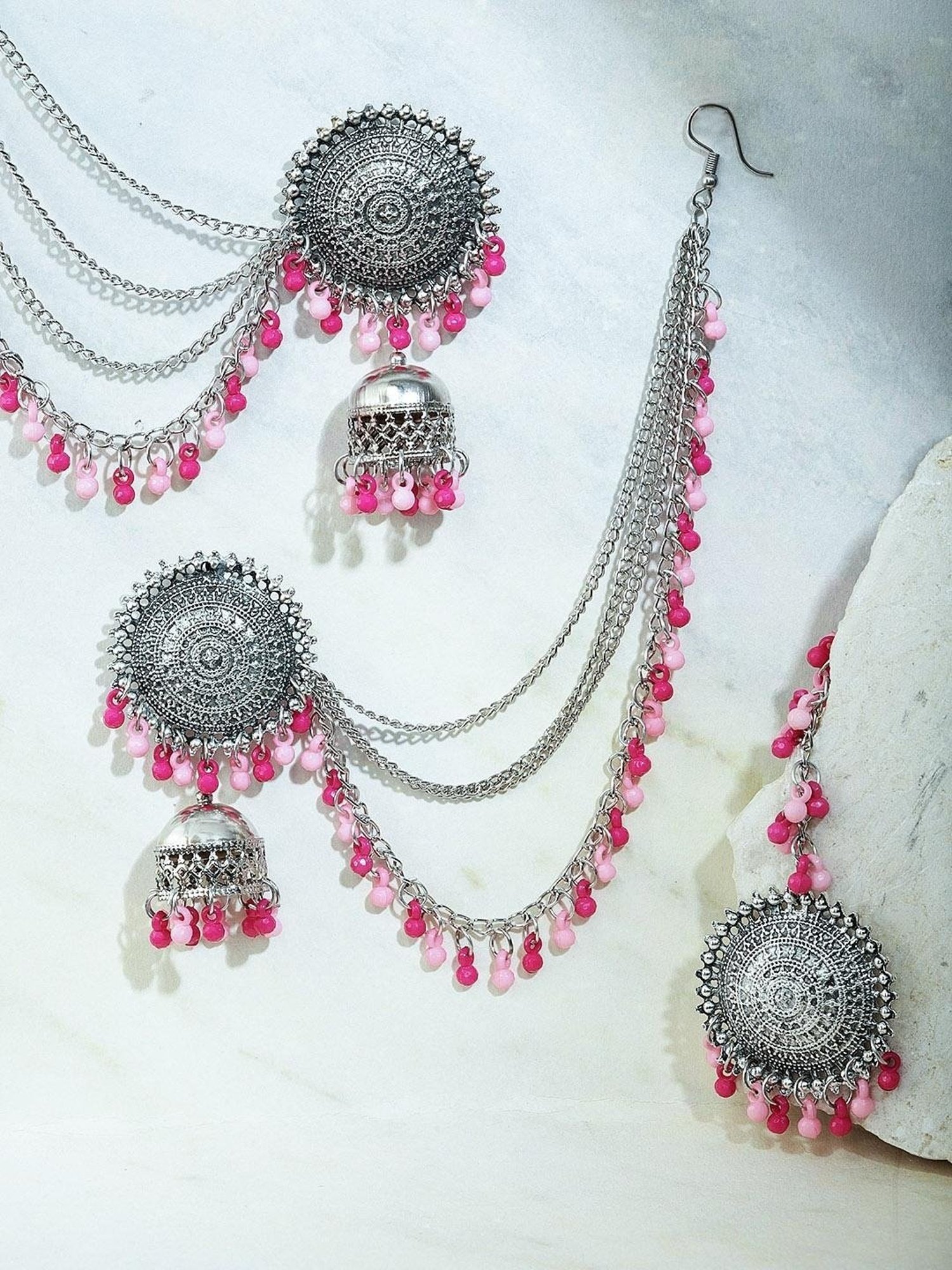 YouBella Stylish Latest Design Pink Jhumki Earring & Maangtikka Sets