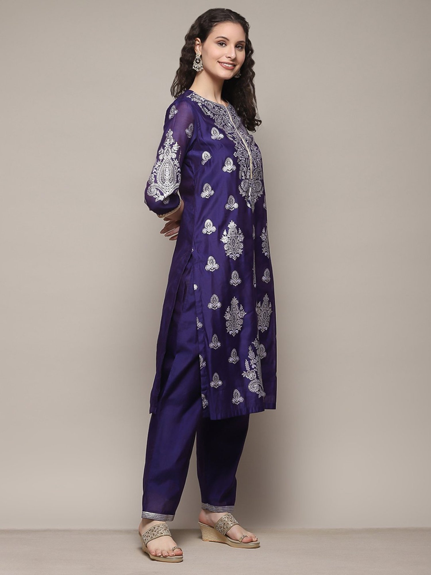 Biba Navy Printed Kurta Pant Set
