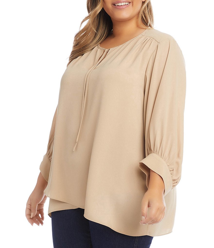 Karen Kane Plus Size Tie Round Split Neck 3/4 Blouson Sleeves Crossover Hem Top