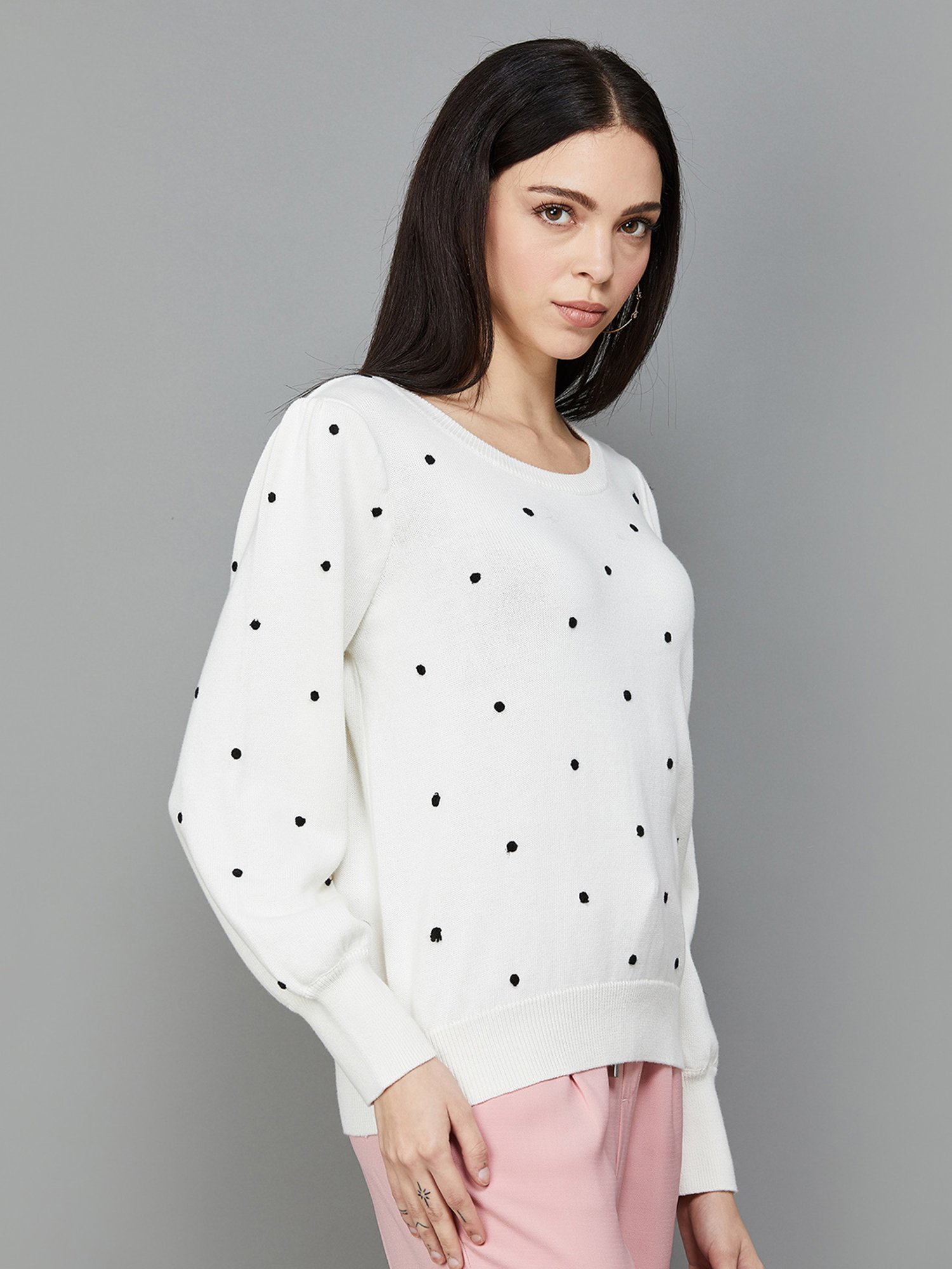 Code by Lifestyle Off-White Cotton Embroidered Sweater
