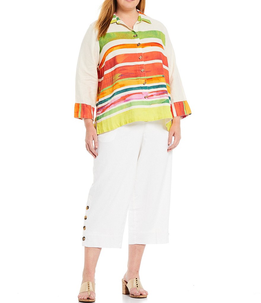 John Mark Plus Size Abstract Stripe Print Button Front Wire Point Collar Neck 3/4 Sleeve Linen Tunic