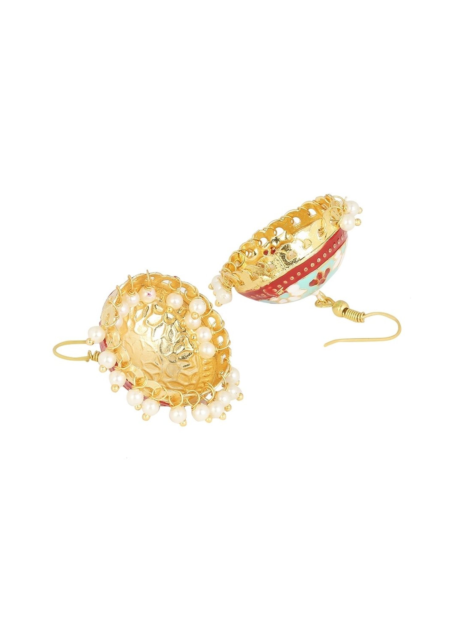 Oomph Red & Mint Green Pink Meenakari Enamel Minimal Floral Jhumki Earrings - Set of 2
