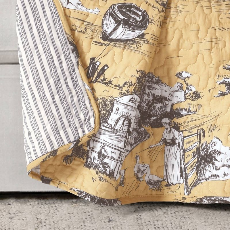 60"x50" Single French Country Toile Cotton Reversible Throw Yellow/Gray - Lush Décor