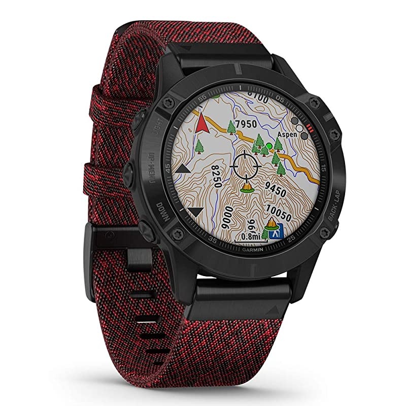 Garmin Fenix 6 Sapphire (Black with Red Nylon Band) Gift Box Bundle | +HD Screen Protectors, Extra Band,  Portable Charger, Adapters & Hard Case | Multisport Fitness Watch