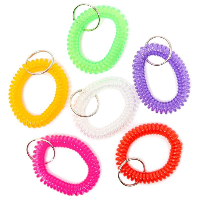 Juvale 60 Pack Spiral Wrist Key Chain Coil Bracelet with Key Rings, 6 Colors (6 inches)