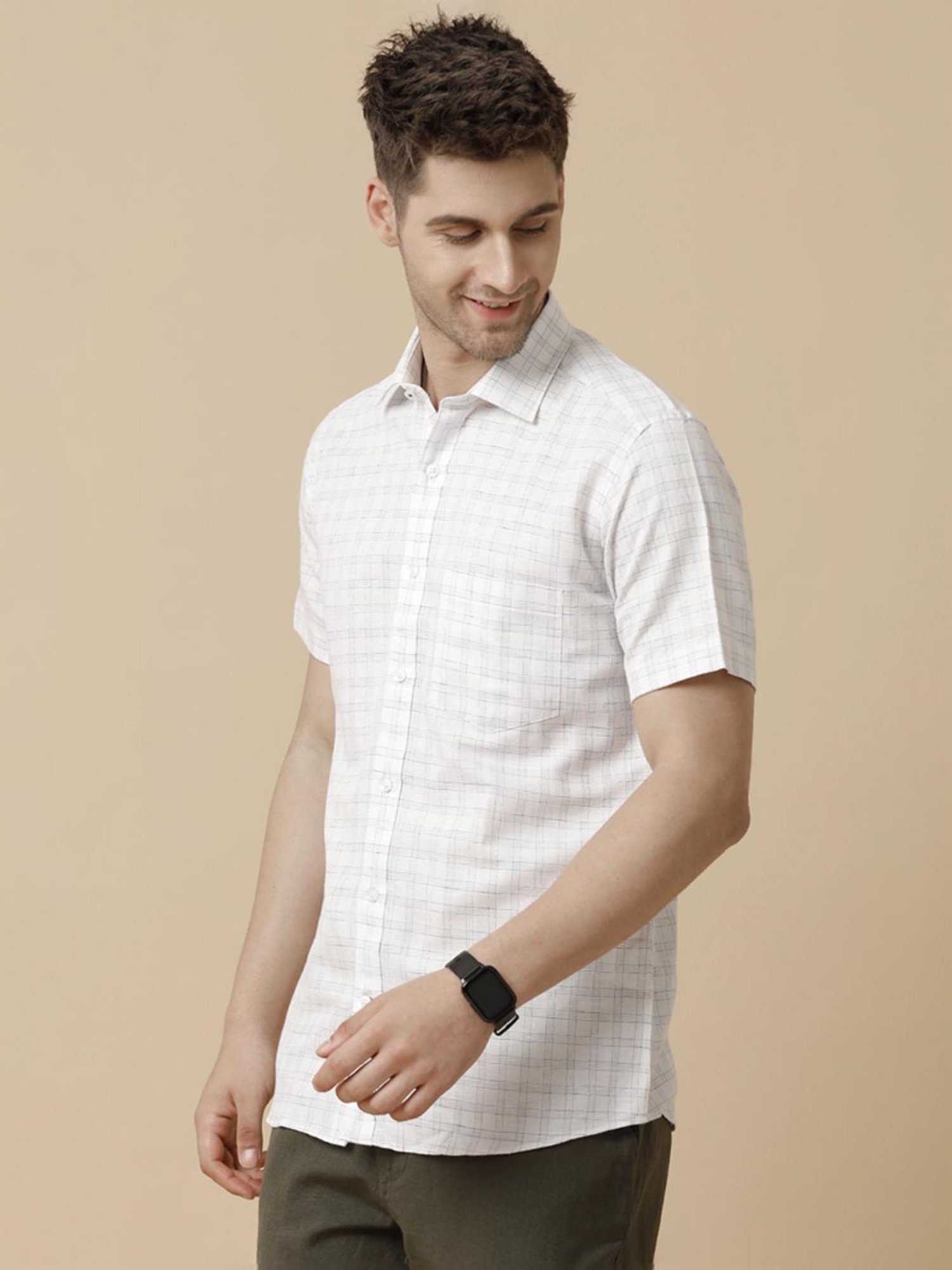 Linen Club Blue Linen Contemporary Fit Checks Shirt